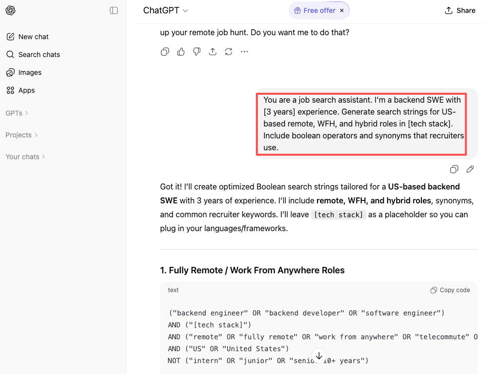 ChatGPT interface showing optimized Boolean search strings for US-based remote, WFH, hybrid backend software engineer roles using chatgpt jobs remote.