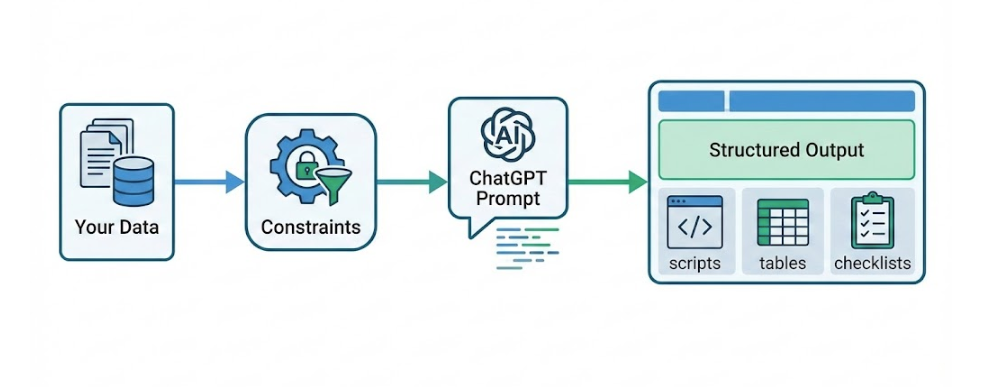Step-by-step diagram of using ChatGPT job search prompts: input data and constraints to generate structured outputs like tables, checklists and scripts for effective job applications