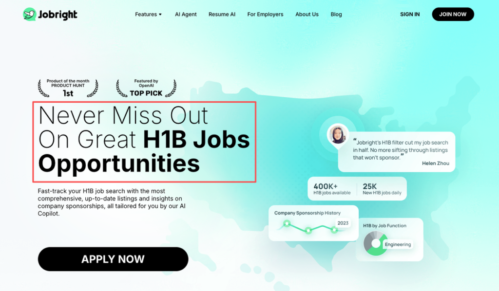 ChatGPT jobs and H1B focus – Jobright AI platform screenshot highlighting 400K+ H1B jobs, daily updates, company sponsorship history graphs, and engineering function insights for visa-sponsored roles