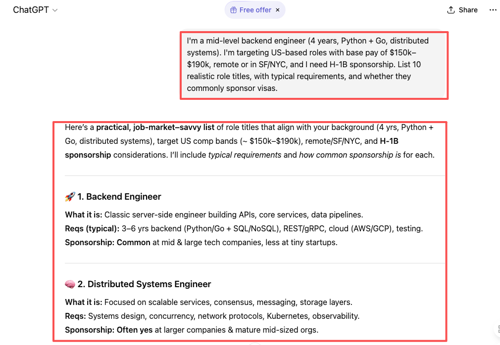 ChatGPT jobs example – AI-generated list of realistic role titles like Backend Engineer and Distributed Systems Engineer with typical requirements and H1B visa sponsorship likelihood for $150k–$190k US positions