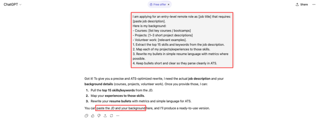 Use this ChatGPT prompt to optimize your resume for ChatGPT jobs remote no experience: paste job description and background to extract keywords, map skills, and rewrite ATS-friendly bullets.