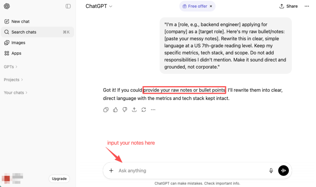 Prompting ChatGPT to rewrite raw notes, a method used to test if can jobs tell if you use ChatGPT for cover letter text.