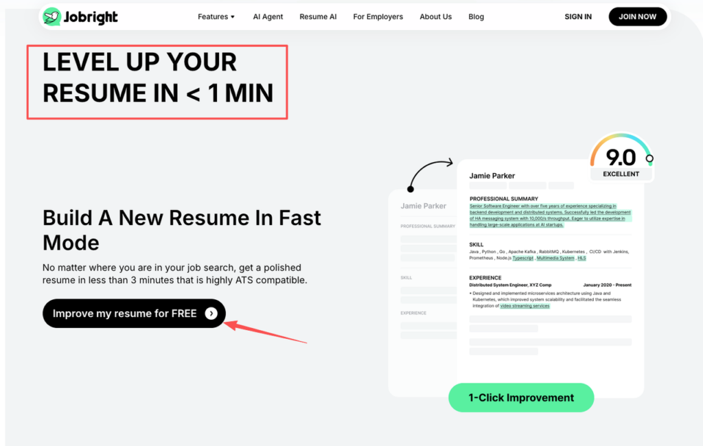 Jobright.ai interface demo for 1-click resume improvement showing how to use ChatGPT to tailor resume to job description or similar AI for ATS-compatible results in under 1 minute.