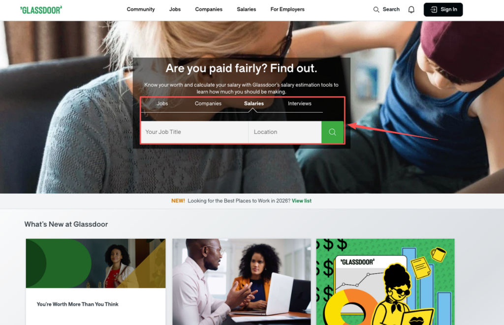 Glassdoor platform homepage in 2026 highlighting job title and location search bar to check fair pay, ideal companion for optimizing ChatGPT job search prompts and salary research