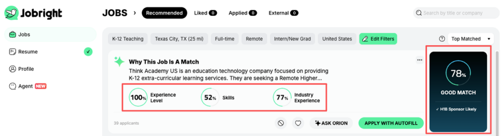 Jobbright platform displaying 78% match for remote accounts payable jobs remote with experience level, skills, and industry fit percentages.