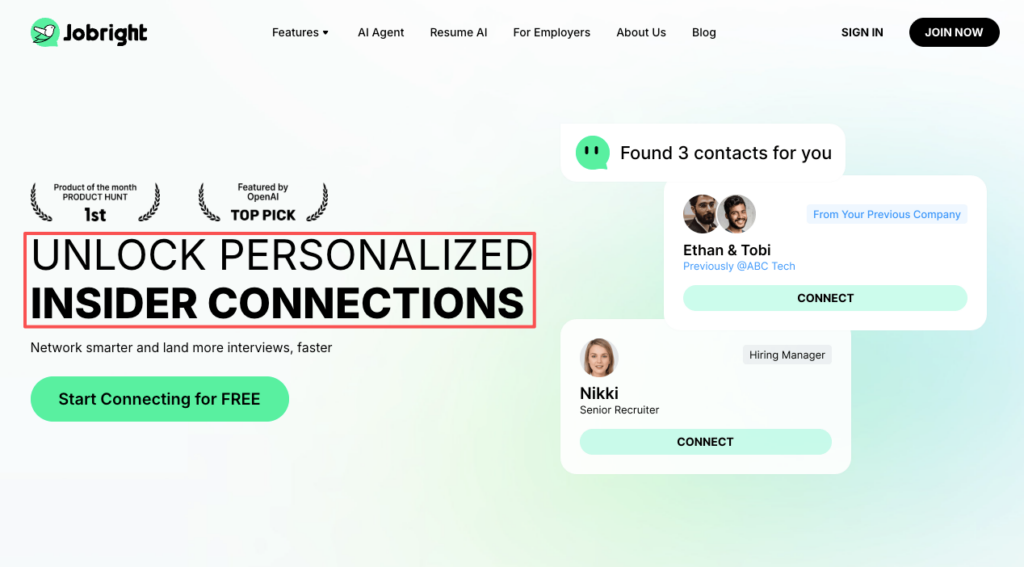 Jobright.ai platform showcasing personalized insider connections and hiring manager contacts to boost job search, perfectly paired with ChatGPT job search prompts for faster networking