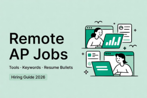 Illustration of remote worker using laptop for accounts payable jobs remote in 2026 hiring guide with tools, keywords, and resume tips.
