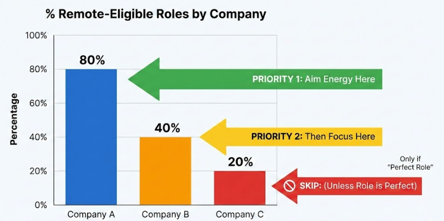 Bar chart displaying percentage of remote-eligible roles by company, highlighting priority targets for chatgpt jobs remote search success.