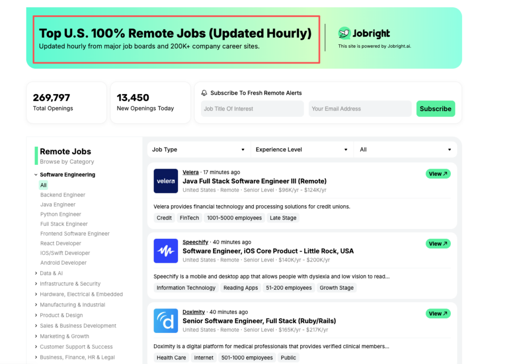 Jobright remote jobs dashboard showing 237K+ openings, categories like software engineering, and fresh listings for chatgpt jobs remote seekers.