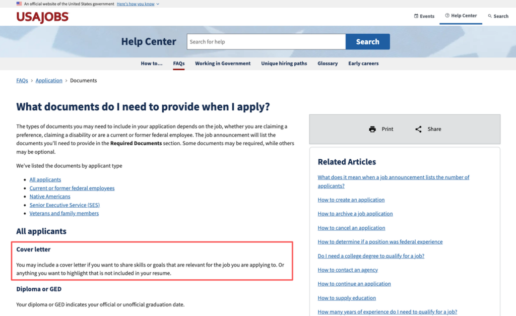 USAJOBS Help Center confirms cover letters are optional but highly recommended when using ChatGPT for letter of interest