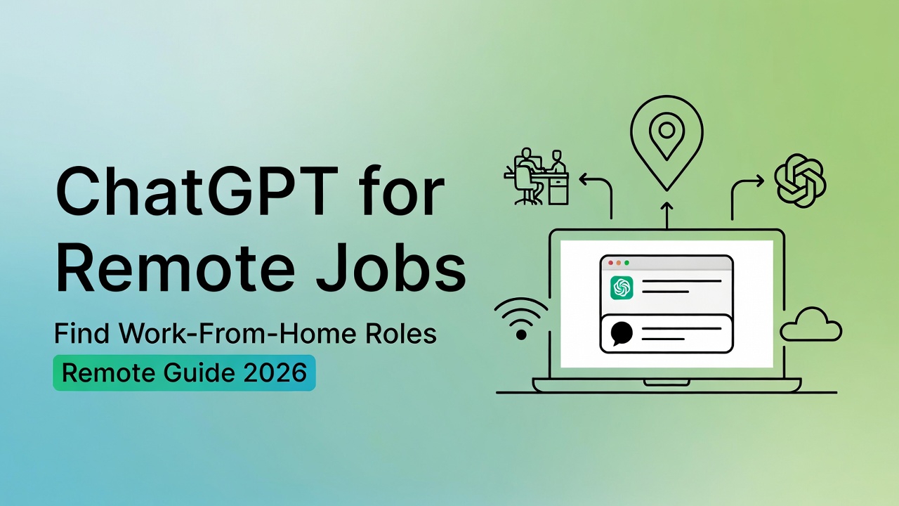 Vibrant infographic guide using ChatGPT to find remote jobs from home, featuring laptop and AI icons for chatgpt jobs remote in 2026.