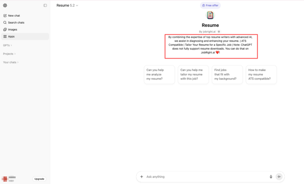 ChatGPT-based resume analysis interface highlighting how to use ChatGPT to tailor resume to job description, with ATS compatibility notes and job fit diagnostics from tools like Jobright.