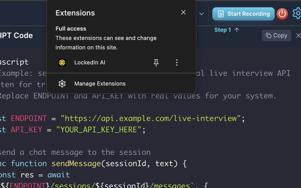 A browser menu displaying the extension, showing how to use LockedIn AI by pinning it for full access on specific sites.