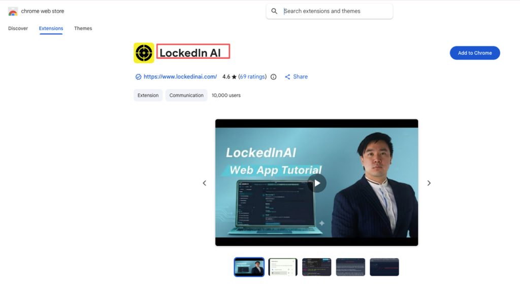 The Chrome Web Store listing for the browser extension, which is a key component analyzed in our detailed LockedIn AI review.