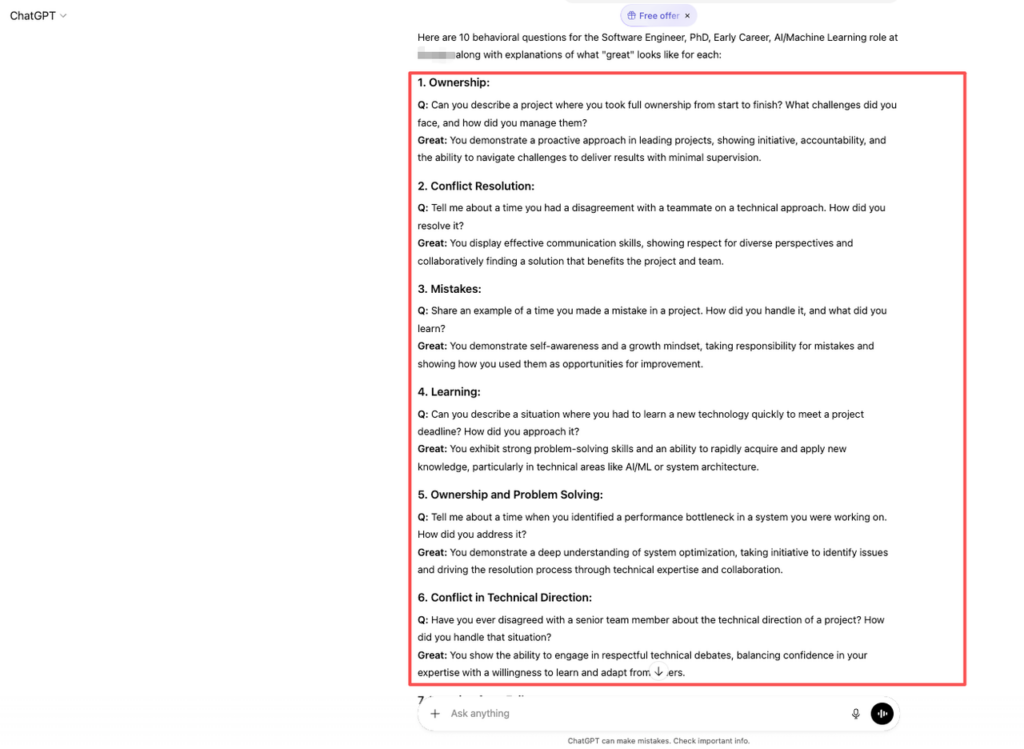 ChatGPT output with 10 behavioral questions and great answers examples using ChatGPT job interview prompt for PhD early career AI/ML positions