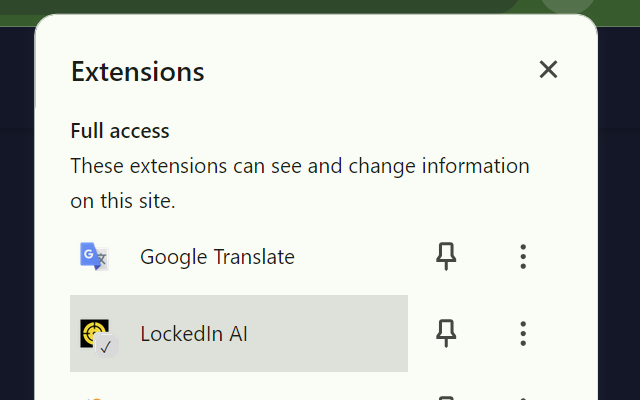 Browser extension menu showing the active tool, a key feature included in all LockedIn AI pricing subscription tiers.