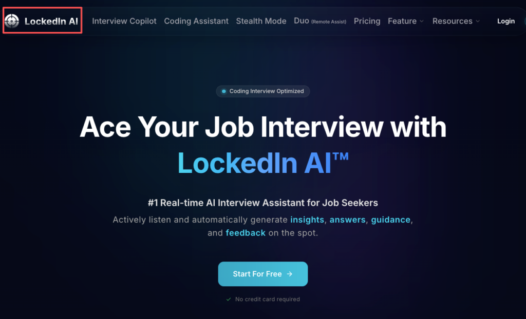 LockedIn AI homepage showing real-time AI interview assistant copilot optimized for coding and job interviews, trusted by users