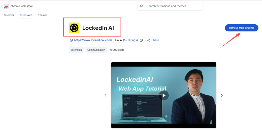 LockedIn AI extension listing on Chrome Web Store with 4.6 rating and 10K users – reinstall or check to solve LockedIn AI not working, permissions, or lag issues.