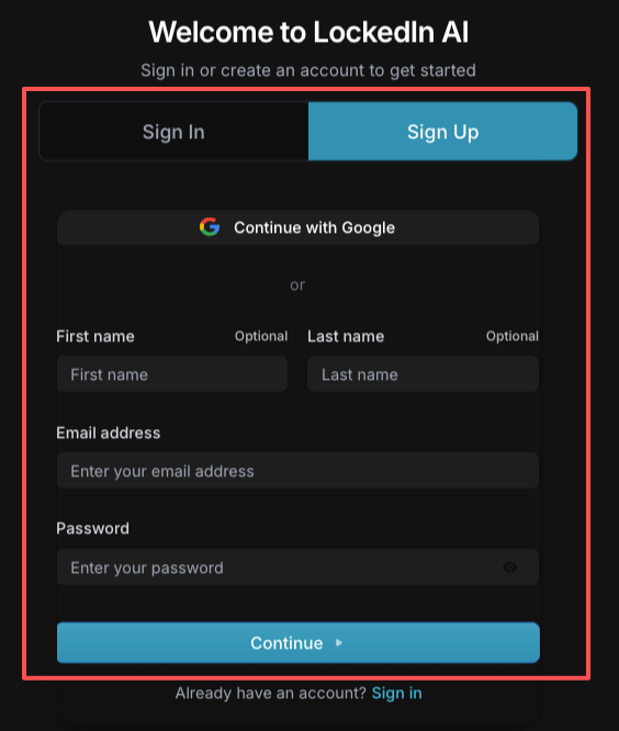 How to use LockedIn AI sign-up page with Google login, email registration, and password setup for new users