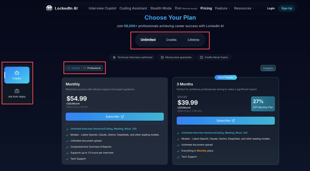 LockedIn AI pricing plans including Unlimited General and Professional options for AI interview assistant with unlimited sessions and models
