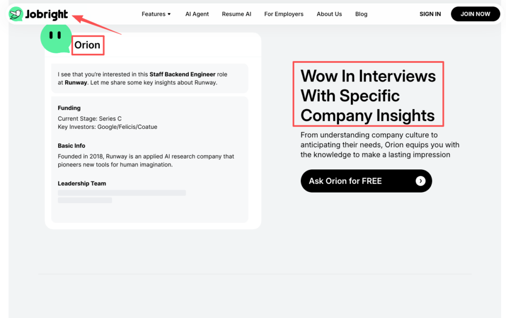 Jobright Orion AI chat providing specific company insights as an alternative AI interview assistant to help wow interviewers