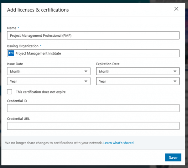 LinkedIn Licenses & Certifications Menu