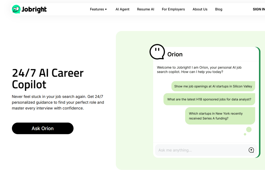 Comparison view of AI career tools showing Jobbright copilot chat interface as an alternative to LockedIn AI Chrome extension for job search and interview help