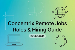 Concentrix remote jobs guide for 2026, showing a laptop, headset, and global connection icons on a teal background.