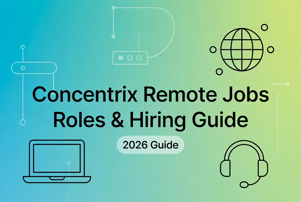 Concentrix remote jobs guide for 2026, showing a laptop, headset, and global connection icons on a teal background.