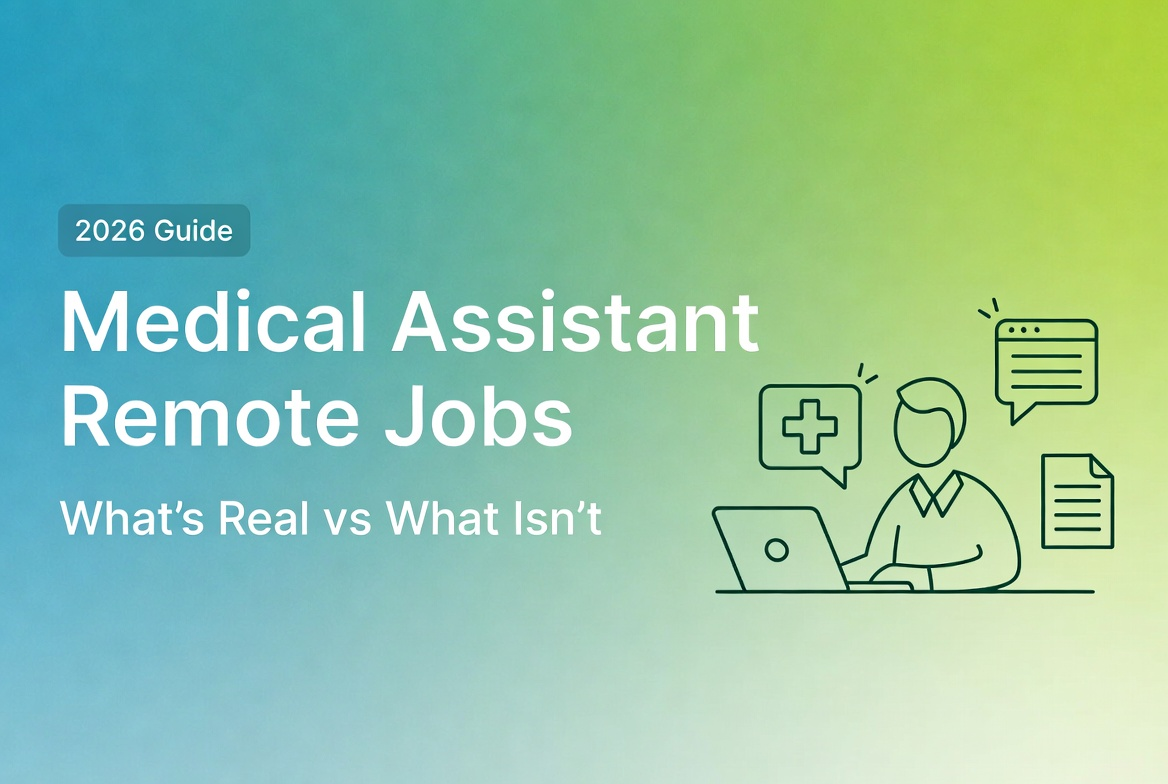 2026 guide to medical assistant remote jobs, featuring a person working on a laptop with medical and digital icons.