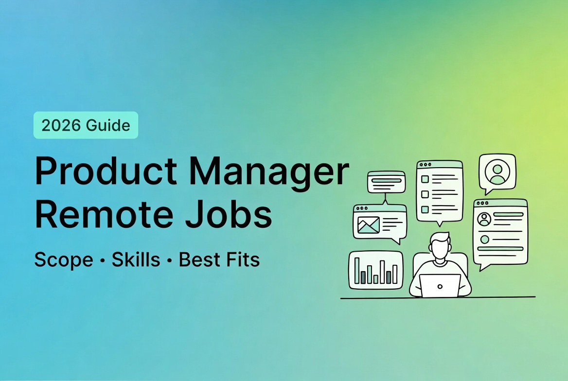 Illustration for a 2026 guide on product manager remote jobs covering scope, essential skills, and best industry fits.