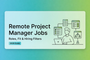 Illustration of a person on a laptop, connected to workflow charts, representing how to get project manager remote jobs in 2026.