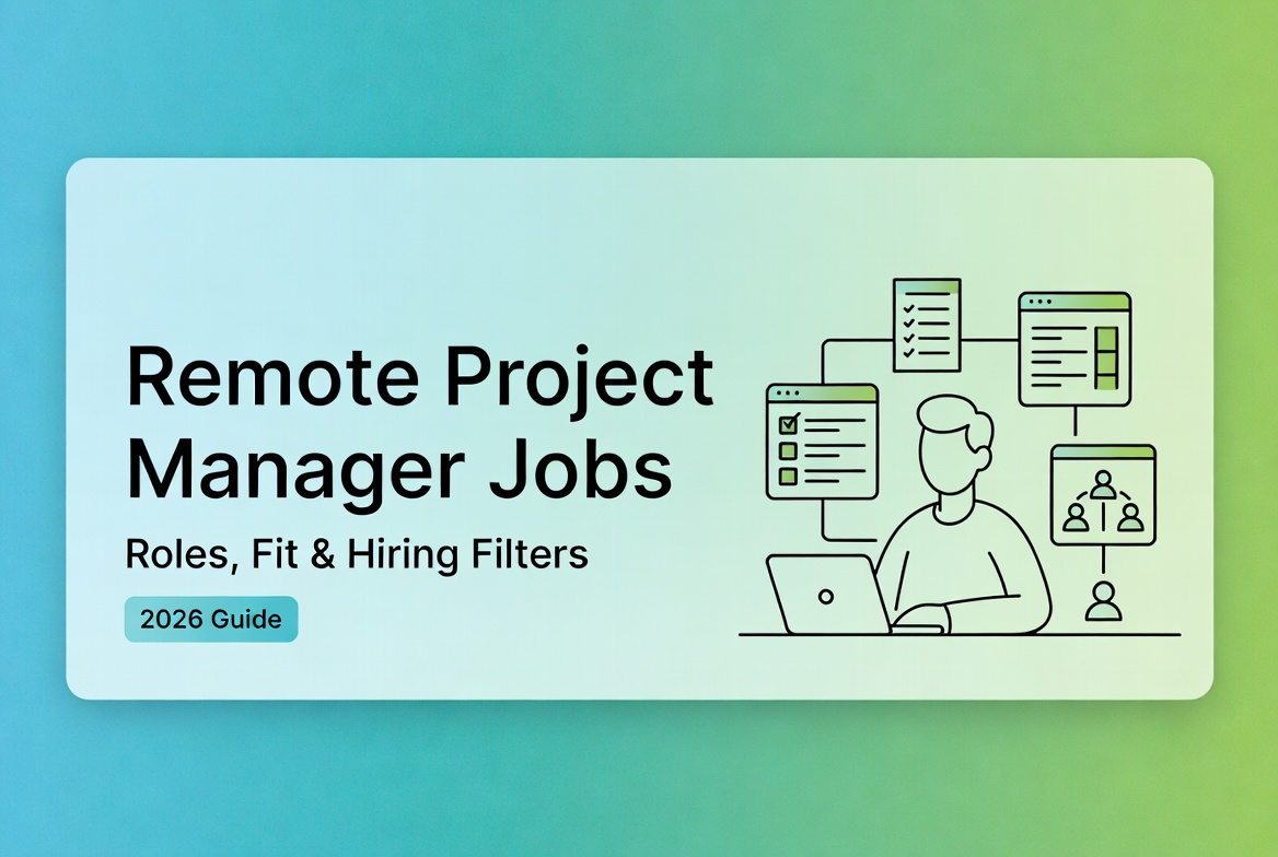 Illustration of a person on a laptop, connected to workflow charts, representing how to get project manager remote jobs in 2026.