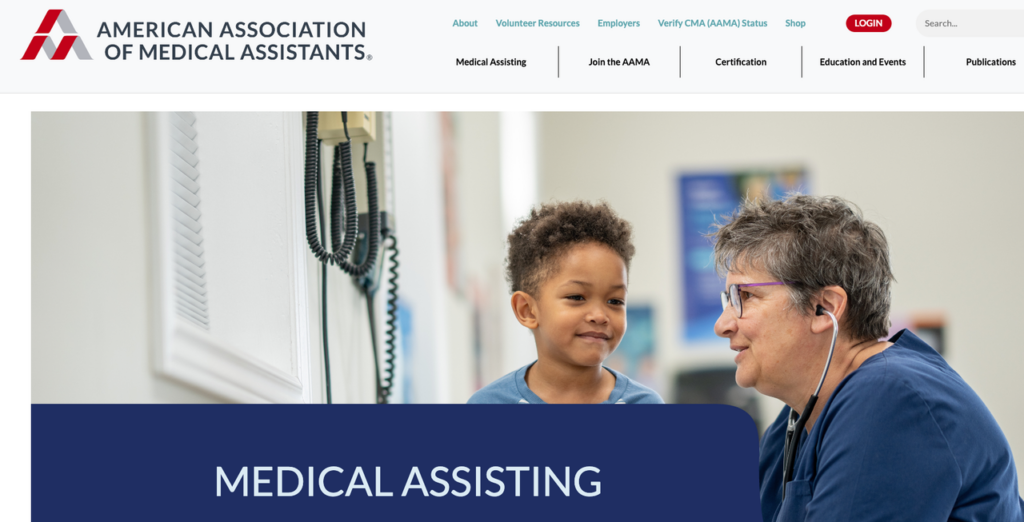 AAMA website screenshot. A medical assistant with a stethoscope interacts with a child, showing skills for medical assistant remote jobs.