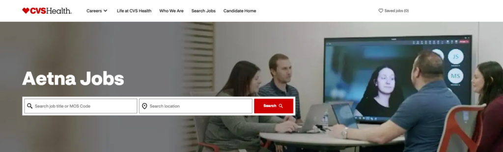 Aetna Jobs search page on CVS Health career site, featuring dual search bars for easy exploration of diverse aetna remote jobs opportunities.