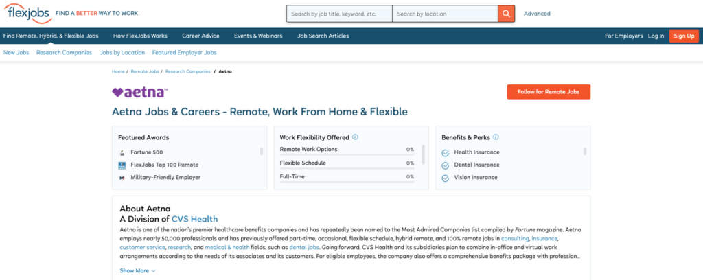 FlexJobs page for Aetna. Lists awards, surprising zero work flexibility, and benefits. Perfect resource for discovering aetna remote jobs.