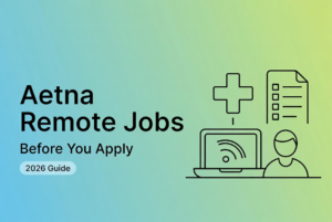 Marketing graphic for 'Aetna Remote Jobs' before you apply, 2026 guide, featuring simple line icons on a gradient background.