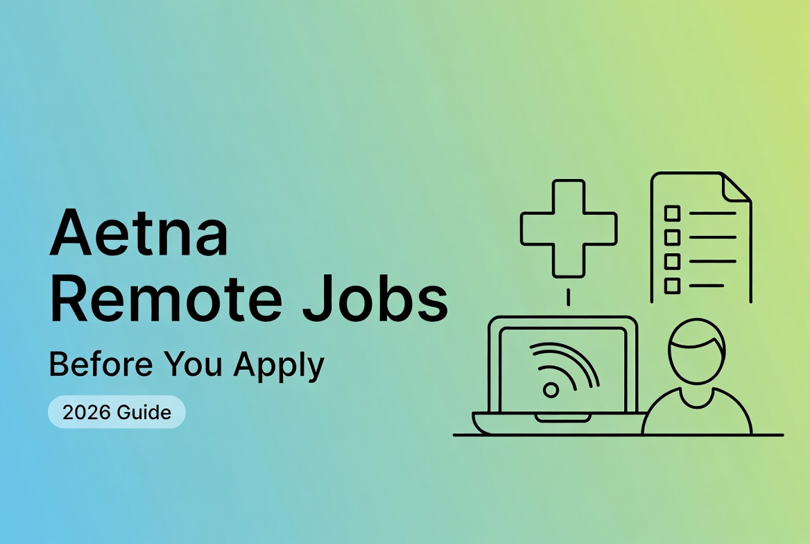Marketing graphic for 'Aetna Remote Jobs' before you apply, 2026 guide, featuring simple line icons on a gradient background.