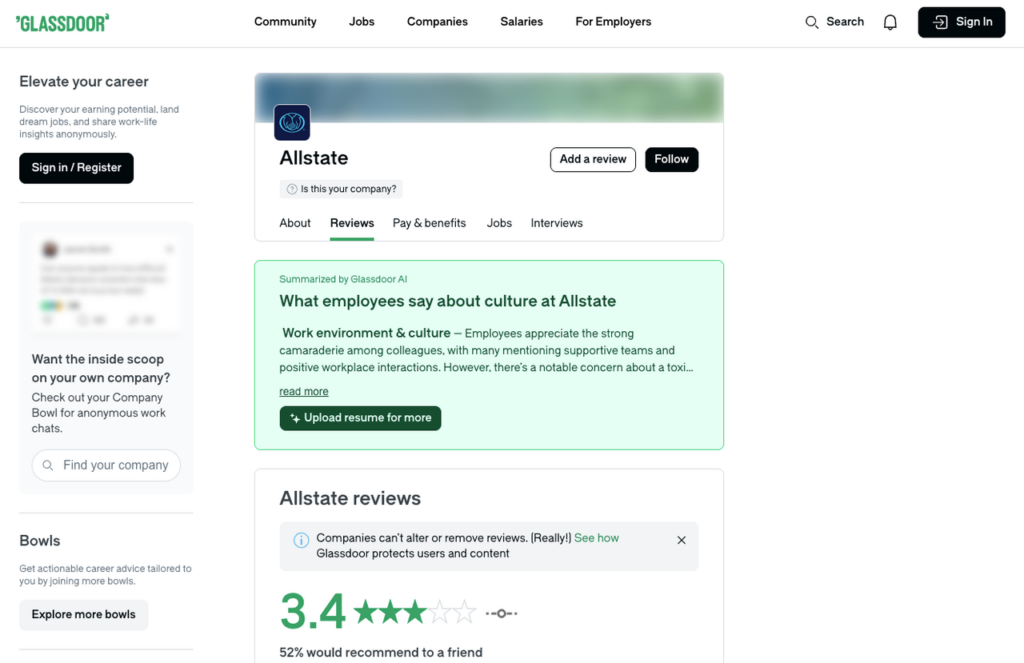 Analyze Glassdoor employee reviews and company culture ratings to see if allstate remote jobs are the right fit for you.