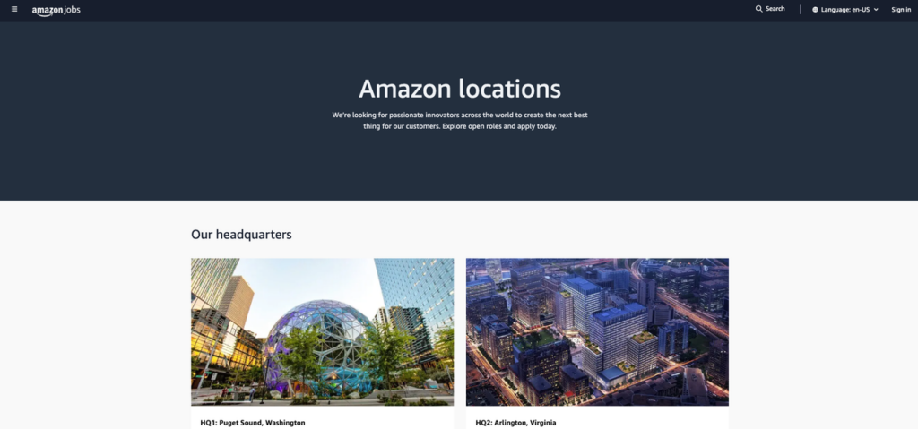 Visual of Amazon HQ1 and HQ2 office locations suitable for hybrid and amazon remote jobs in Seattle and Arlington.