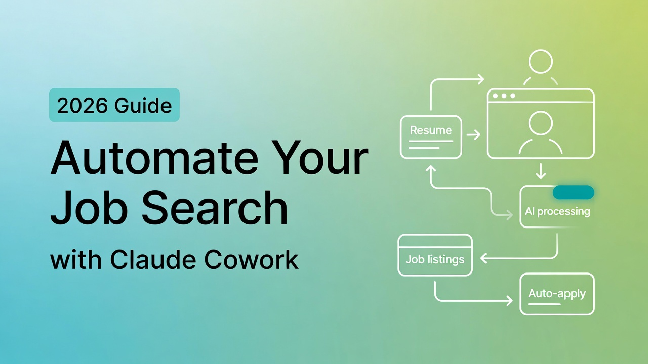 Infographic showing how to automate job search with Claude Cowork: upload resume for AI processing, scan job listings, and enable auto-apply in 2026 guide.