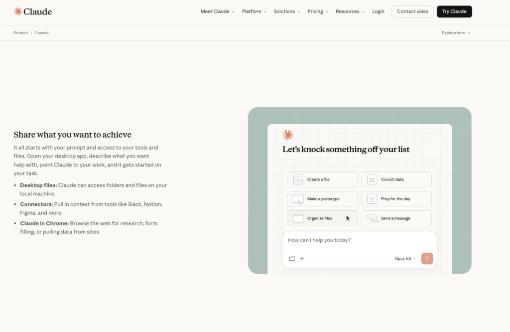 How Claude Cowork uses desktop file access, connectors like Slack/Notion, and Chrome browsing to automate job search research and applications efficiently.