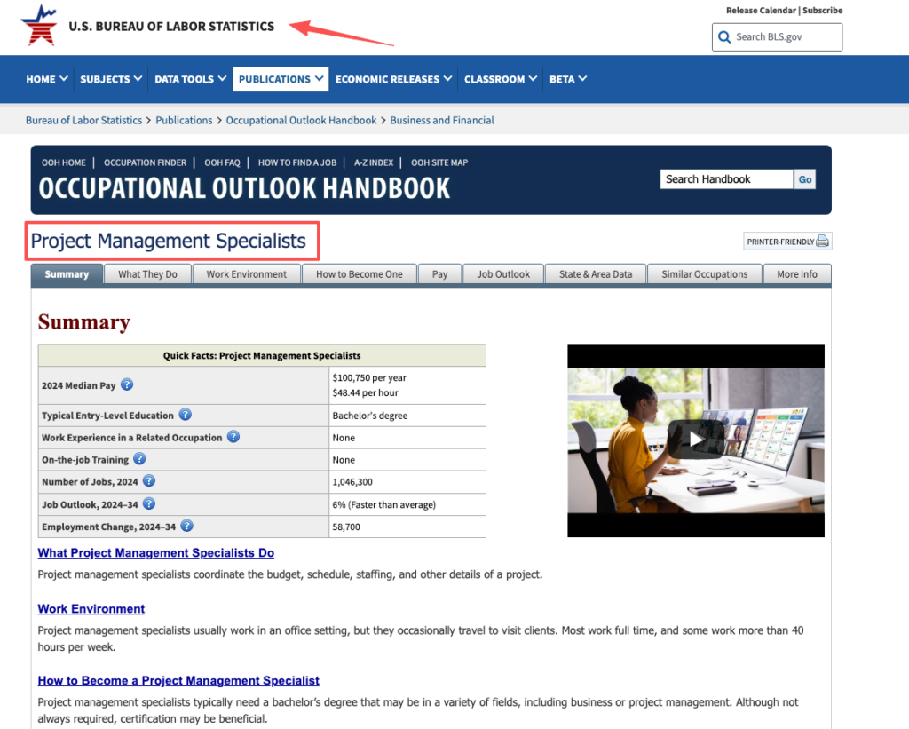 Bureau of Labor Statistics summary data useful for evaluating salary expectations for product manager remote jobs.