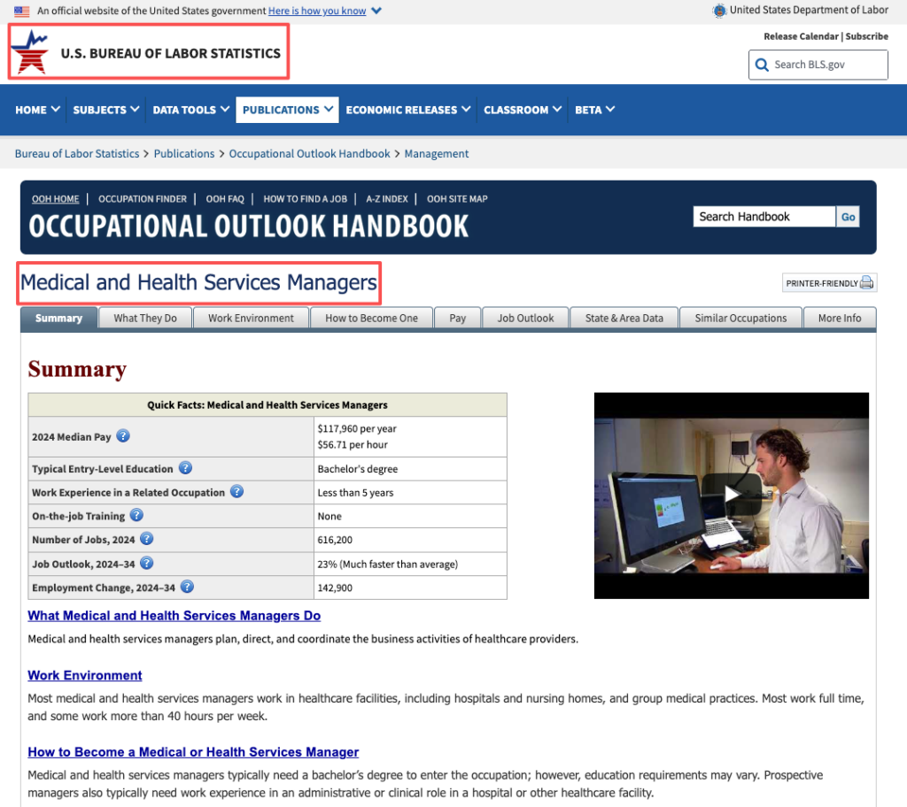 BLS summary for Medical and Health Services Managers, a growing field with healthcare remote jobs.