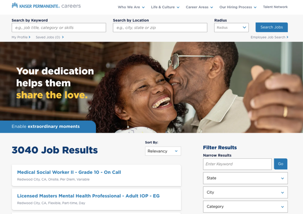 Screenshot of over 3000 Kaiser job results. Features job cards and a search filter bar, ideal for finding Kaiser remote jobs or local positions.