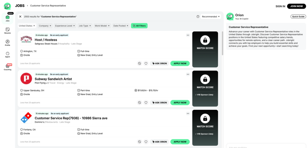 The Jobright job board interface displaying various listings and categories used to browse and filter for call center remote jobs.
