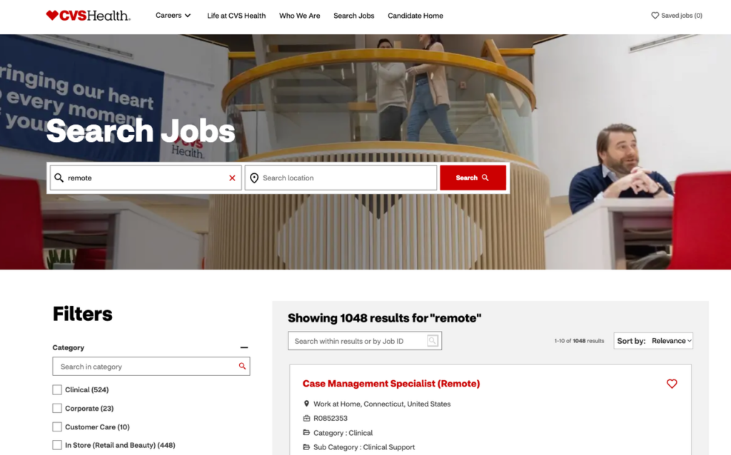 CVS Health career site search for remote jobs, featuring diverse listings and filters. Perfect for finding aetna remote jobs opportunities.