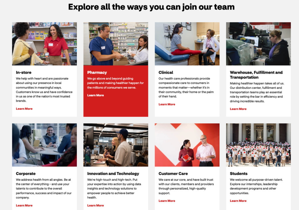 CVS Health team overview page grid of categories like Clinical and Corporate. Perfect for finding varied aetna remote jobs opportunities.