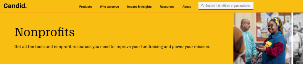 Candid homepage showing tools and resources to help those seeking nonprofit remote jobs power their mission. 