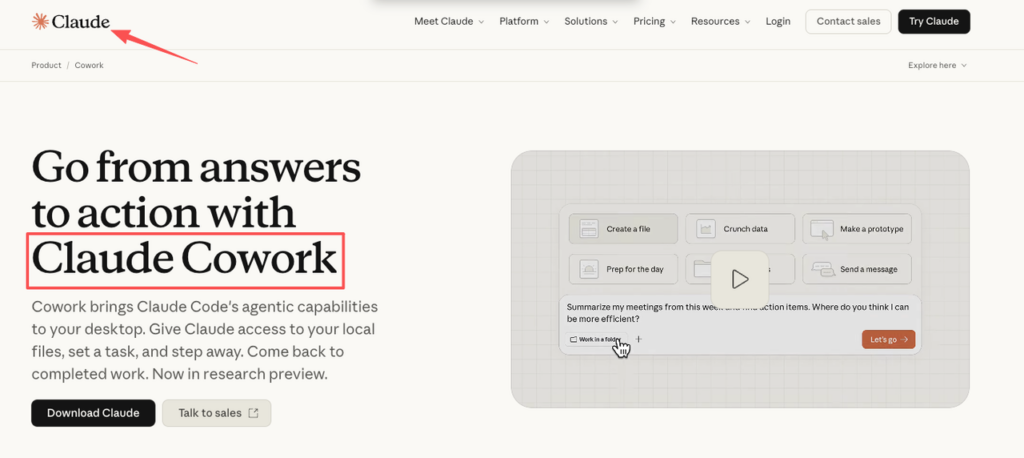 Claude.ai platform screenshot highlighting Claude Cowork feature to automate job search tasks, access local files, and boost productivity on desktop.
